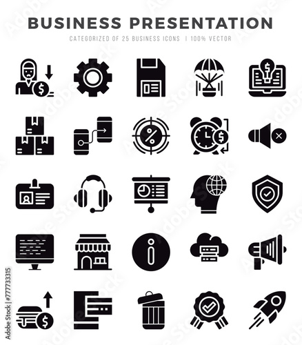 Business Presentation Icons Pack. Glyph icons set. Glyph icon collection set.