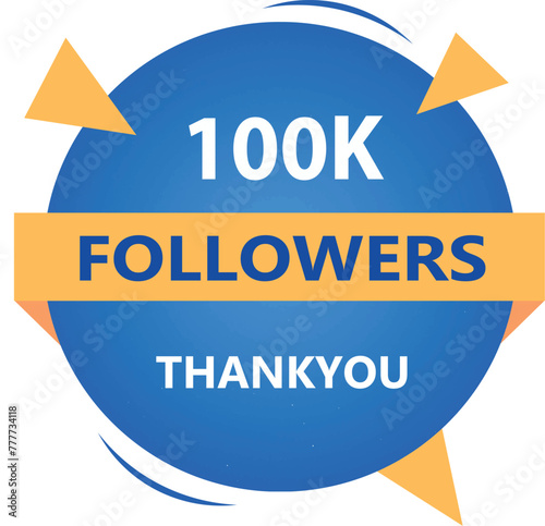 100k followers badge with blue and yellow color theme. Vector isolated on a white background