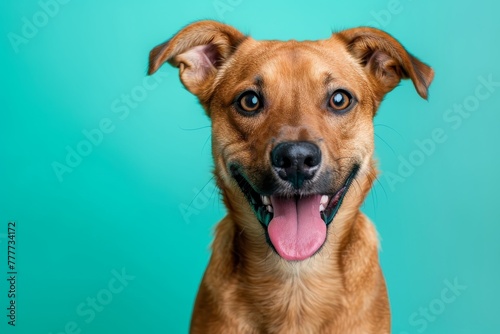 studio headshot portrait of smiling mixed breed brown fawn colored dog with tongue sticking out against a turquoise background