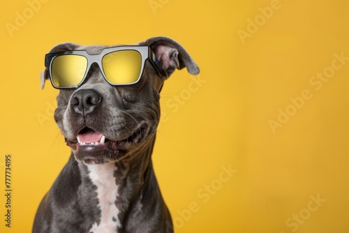Studio headshot portrait of smiling pit bull type rescue dog looking forward with pride lgbtq sunglasses against a yellow backdrop © Aliaksandr Siamko