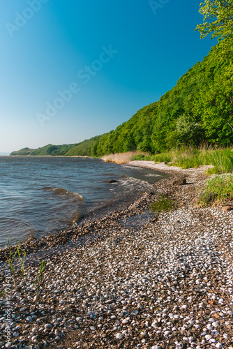 Seashore with a shallow bottom on a clear day. Summer sunny day on the seashore.