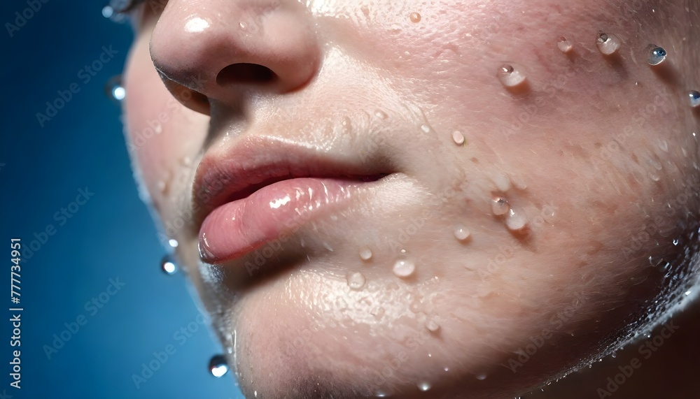 close up of young Caucasian woman's face with blue eyes and fair skin, with water droplets on her skin, 