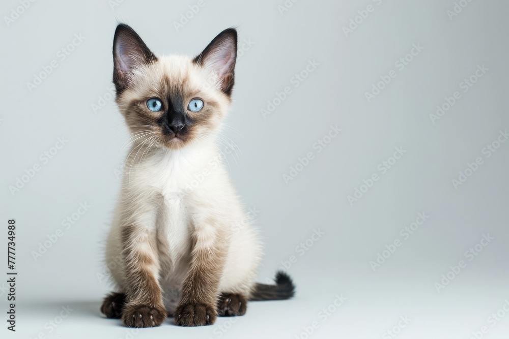 Studio portrait of a siamese kitten sitting against a white background