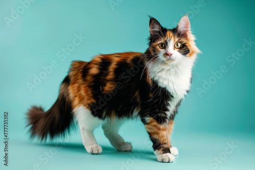 studio portrait of domestic calico cat standing and looking forward against a turquoise background