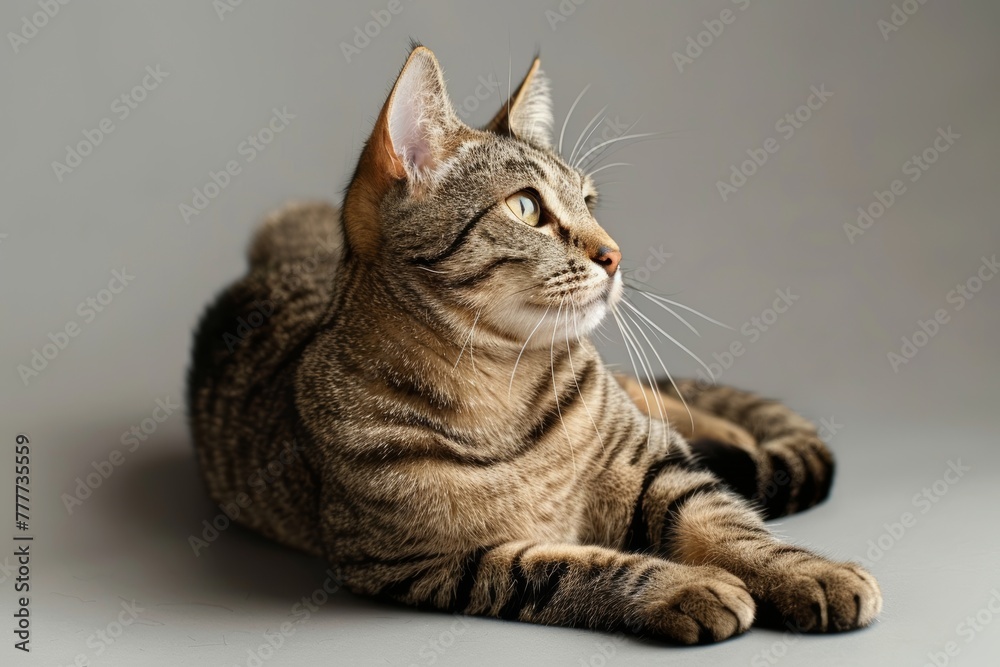 Studio portrait of playful tabby cat laying on side with tail out against a light gray background