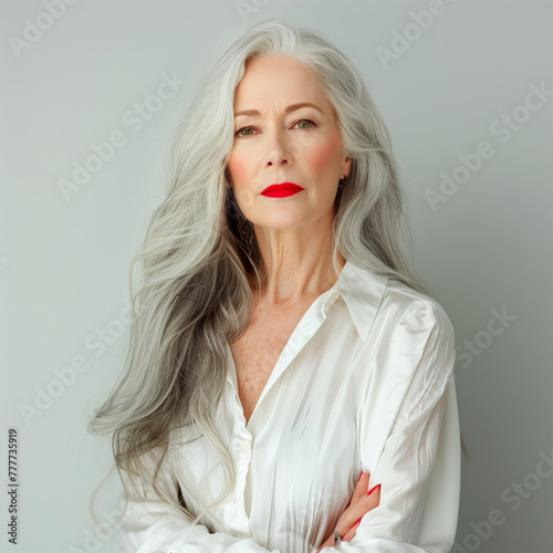 Studio portrait of beautiful mature woman, close-up photo