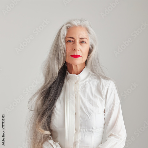 Studio portrait of beautiful mature woman with long grey hair photo