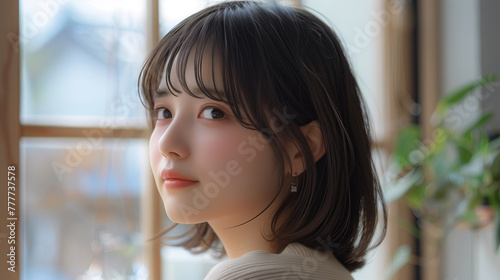 Serene Young Woman Gazing Out of Window