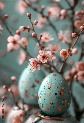easter egg decorations in bokeh effect on background