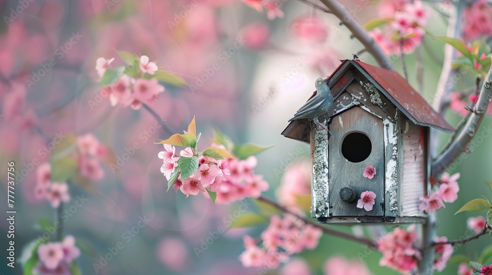 A quaint birdhouse surrounded by blossoming cherry flowers in spring. A quaint birdhouse surrounded by blossoming cherry flowers in spring.