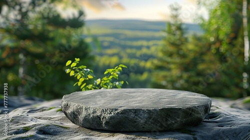 3D pedestal of flat small stone on rock platform, gray rock podium for product display, green forest and blurry horizon in the background, natural scenery landscape, soft daily light