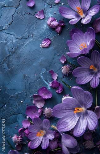 purple crocus and daisies surrounded by space for text