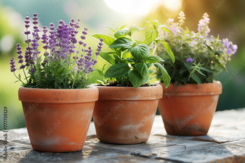 Basil, lavender and sage grow in terracotta pots on a wooden table against a natural background. Growing herbs at home in pots.
