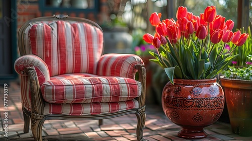 Single armchair with a red ceramic pedestal table and vase of spring tulips with a matching striped red and white cushion on a brick paved outdoor patio for a relaxing break