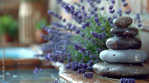 Still life composition in a spa setting featuring a stack of stones and lavender