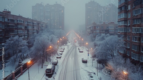Snow-covered City Street With Tall Buildings