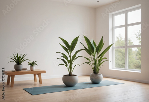 a modern and minimalist yoga studio. The setting is bathed in soft  natural light  contributing to a clean and orderly environment