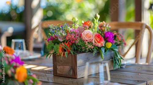 A wooden box filled with colorful flowers and greenery sits on a timber table, creating a vibrant centerpiece for a meal. In the background, a rattan chair adds an elegant touch to the setting.