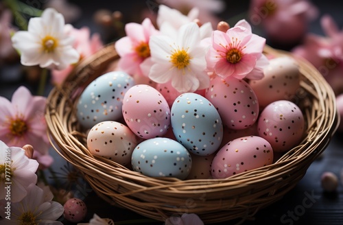 a basket of colored easter eggs with flower bulbs and daffodils