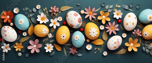 colorful easter eggs are laid out on a blue background