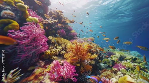 A vibrant coral reef beneath the ocean's surface, teeming with life and color. The clarity of the water reveals the intricate details of the coral and the diversity of marine life that calls it home.  © Muzammil Elahi