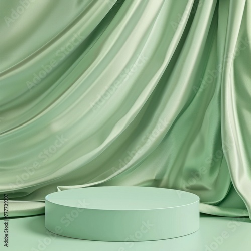 On a green background, there is a display podium with a satin wave curtain
