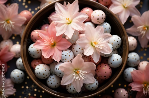 basket filled with colored Easter eggs, flower bulbs, and daffodils, creating...
