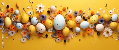 colorful easter eggs flying over yellow background