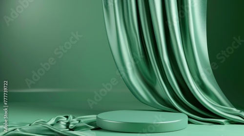 On a green background, there is a display podium with a satin wave curtain