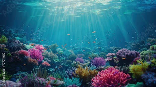 A vibrant coral reef beneath the ocean's surface, teeming with life and color. The clarity of the water reveals the intricate details of the coral and the diversity of marine life that calls it home. 