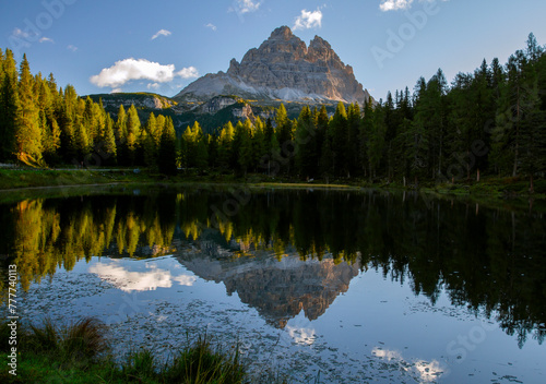 Lake Antorno, Italy region of Trentino-Alto Adige in the Dolomites. The mountain lake is located in a valley along the road leading from Misurina to Tre Croci di Lavaredo. Tourism in Europe.