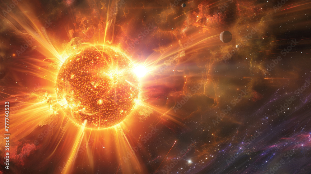 A bright orange sun is shining in the sky, surrounded by a cloud of dust A bright orange sun is shining in the sky, surrounded by a cloud of dust
