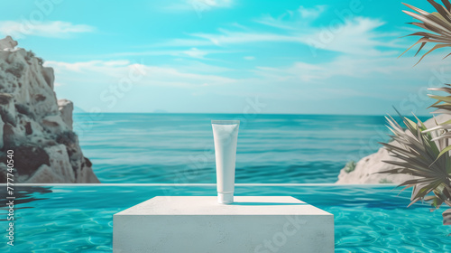 A tube of white lotion is sitting on a podium and pool