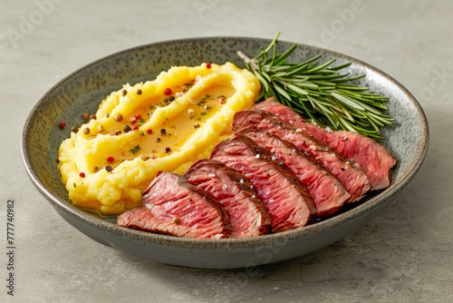 Juicy sliced beef fillet paired with buttery potato mash garnished with herbs, a gourmet delight