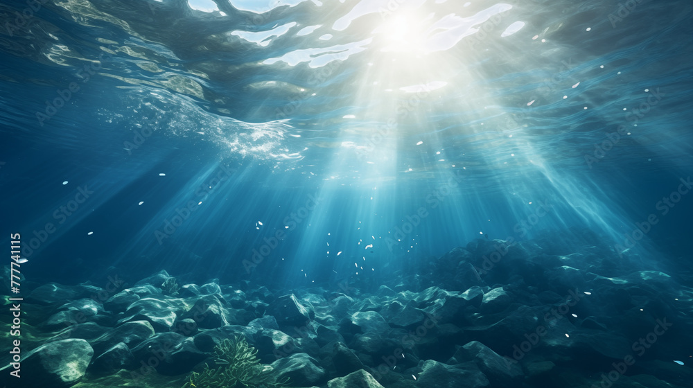 Underwater Seascape with Sunrays and Rocks - obrazy, fototapety, plakaty 
