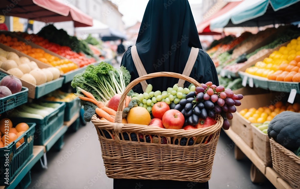 Muslim oman shopping in farmers market, carrying basket overflowing with organic fresh fruits and variety vegetables. Generative AI.