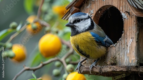 Blue tit perched in front of its birdhouse.