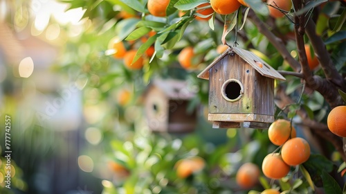 Close-up of birdhouses nestled in a mandarin tree within the city.