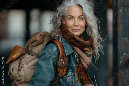 Woman With Grey Hair and Backpack