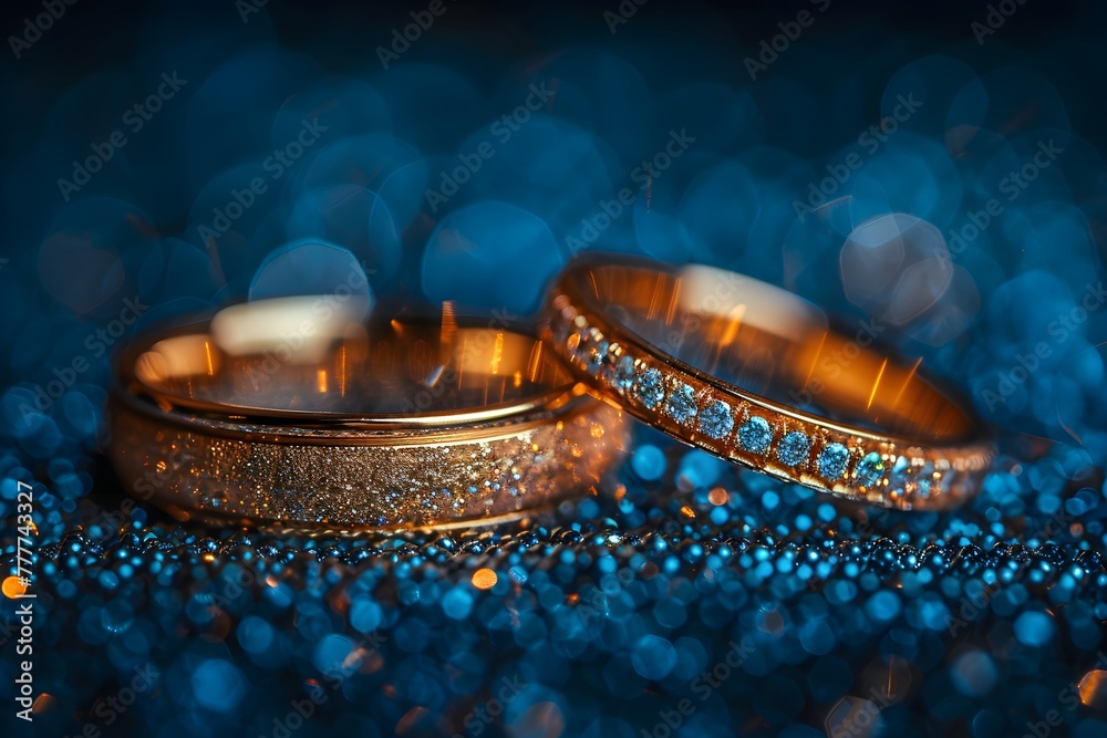 Two Gold Wedding Rings on Blue Glitter - obrazy, fototapety, plakaty 