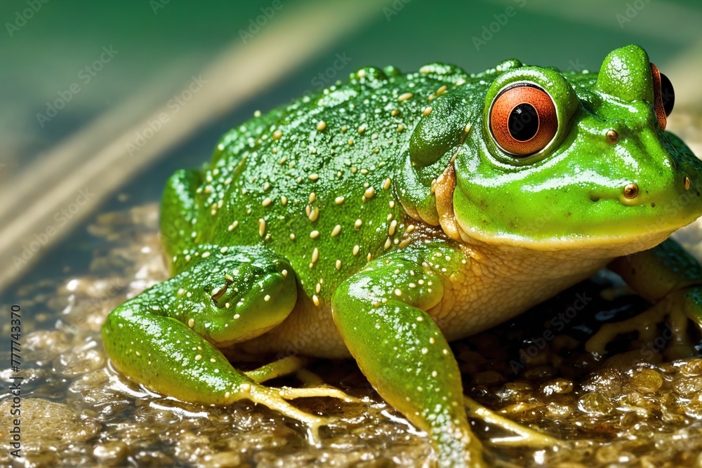 Obraz premium A green frog sitting on a rock in a puddle of water.