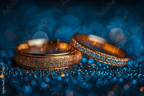 Two Gold Wedding Rings on Blue Glitter photo