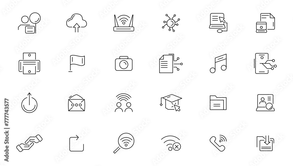 Information technology line icons collection. Devices, internet, server, data, network icons. UI icon set. Data center, website, social media, SEO business, e-commerce, support, computer and mobile