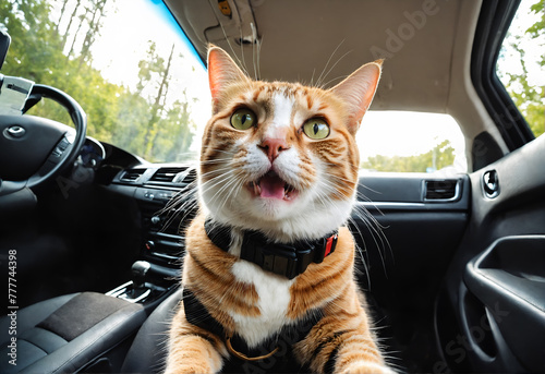 Cat in car with safety belt. Safe transport of animals © anetlanda