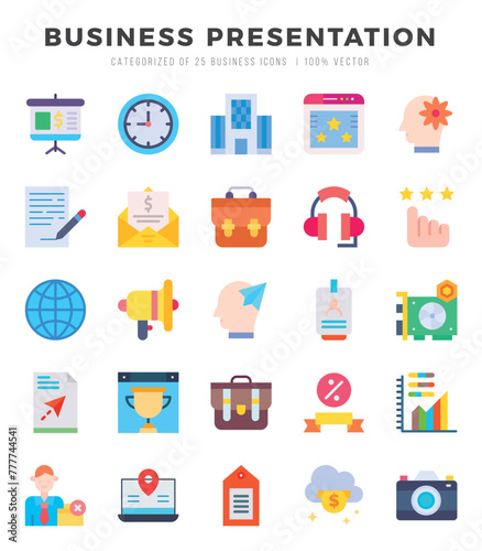 Business Presentation Flat icons collection. 25 icon set. Vector illustration.