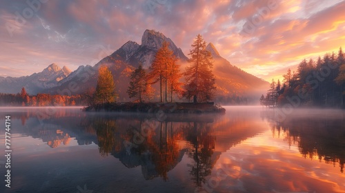 Autumn hues adorn Lake Hintersee, where the Bavarian Alps meet the Austrian border. The vibrant sunrise casts a glow upon the picturesque scene, showcasing the stunning beauty of the region.