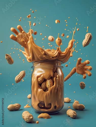 A peanut butter jar has arms and hands chasing nuts and putting them in the jar.