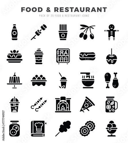 Set of 25 Food and Restaurant Glyph Icons Pack.