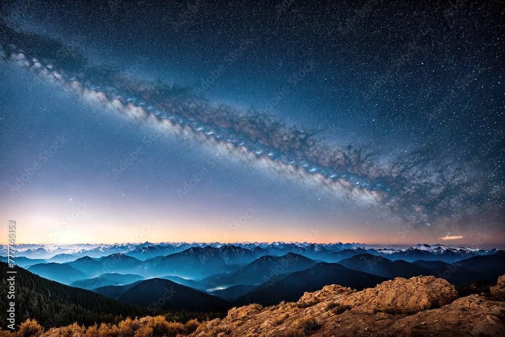 A beautiful sunrise over the mountains, with the Milky Way visible in the sky. A beautiful sunrise over the mountains, with the Milky Way visible in the sky.