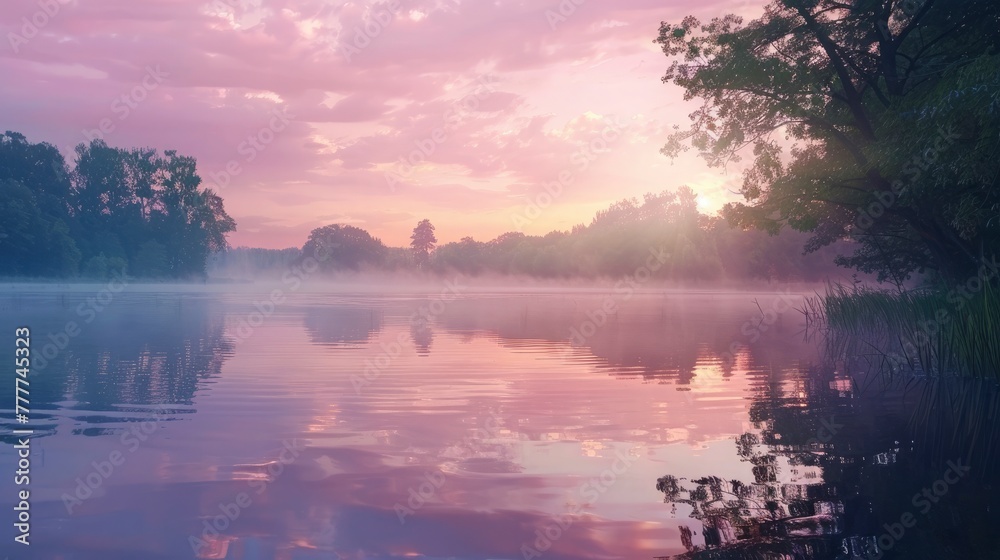 The serene beauty of a mist-covered lake at sunrise, with the surrounding trees partially obscured by the fog. The calm water reflects the soft colors of the morning sky, creating a peaceful dreamlike